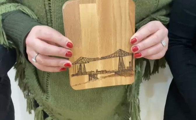 image of transporter bridge in middlesbrough hand burnt into wooden chopping board