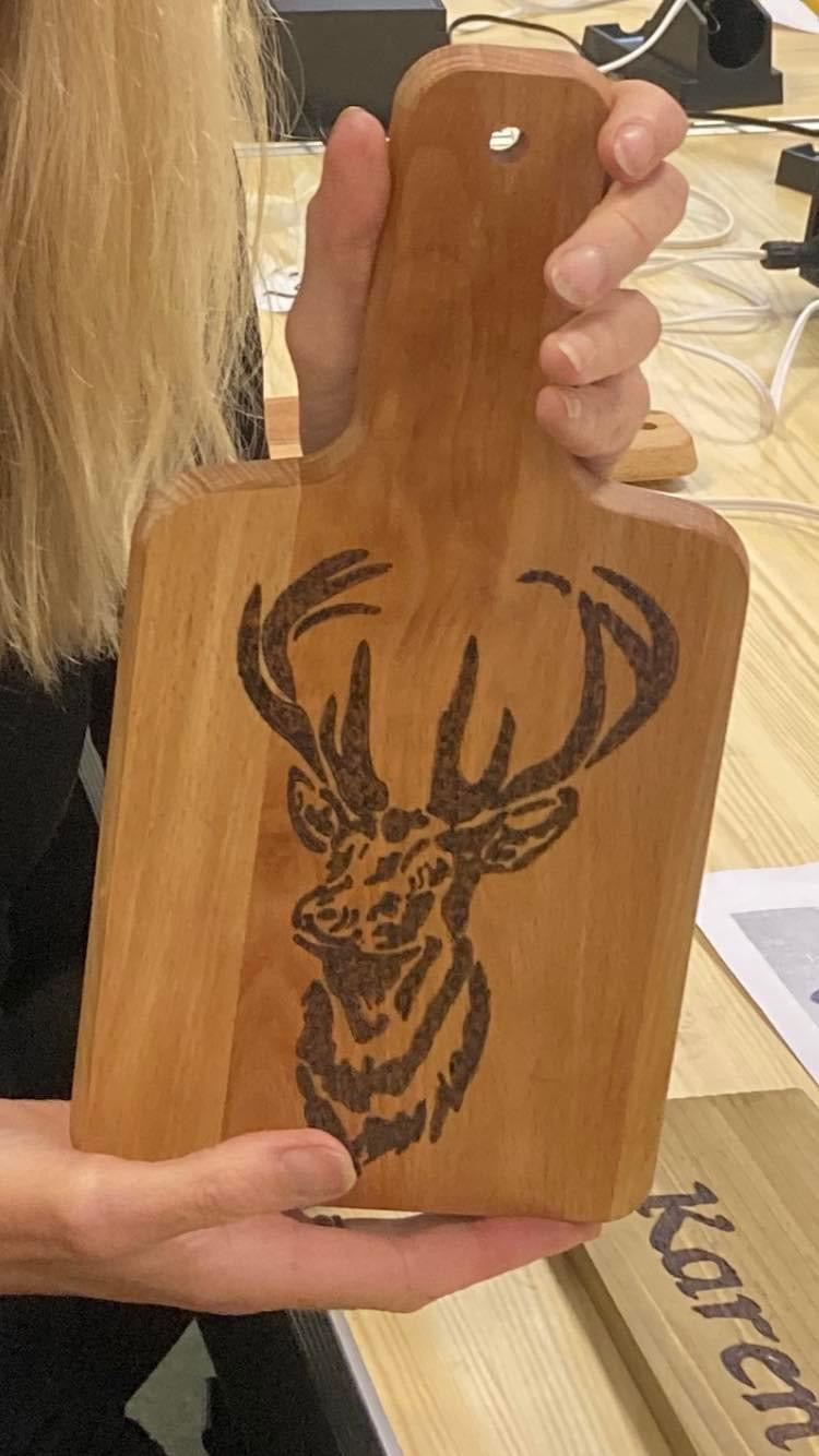 stag pyrography design created at side burner workshop village hall boosbeck