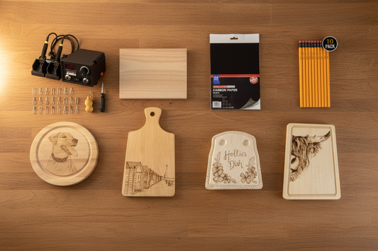 Pyrography products on wooden kitchen table